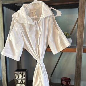 Chico's White Button Down Shirt with Notched Collar and Tie Front